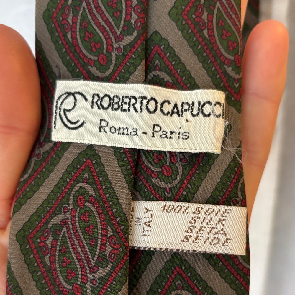 Green Grey and Red Patterned Silk Tie